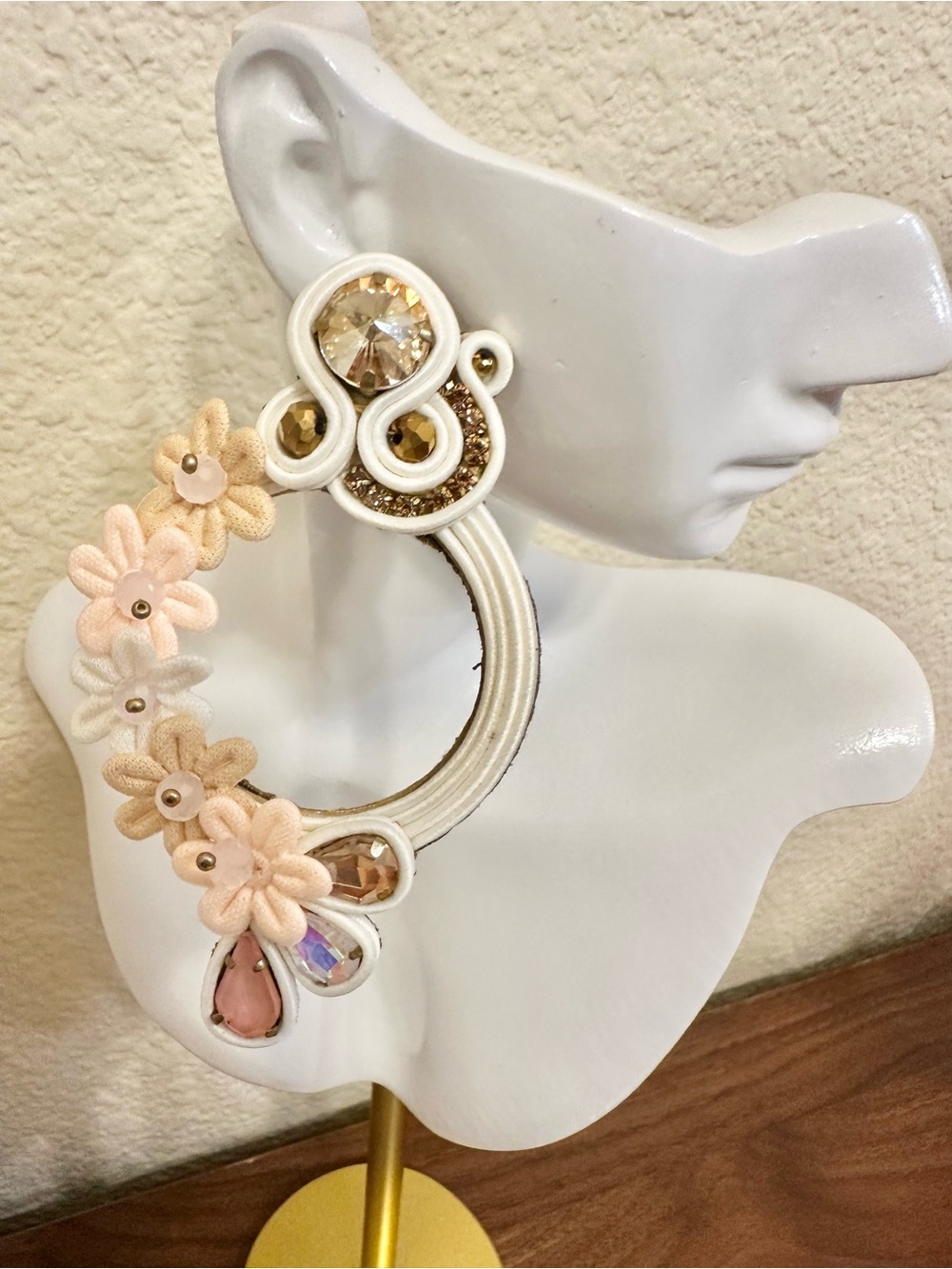 Handmade Floral Hoop Soutache Earrings in Cream and Blush